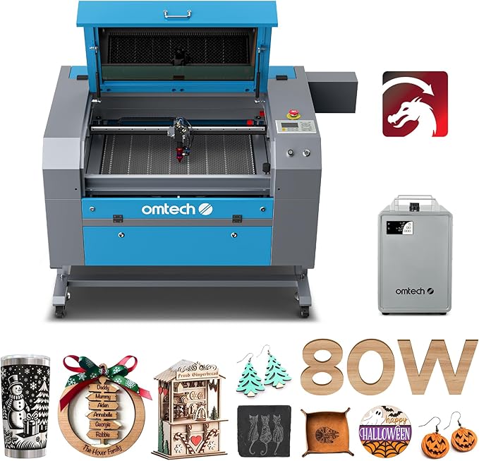 OMTech 90W CO2 Laser Engraver with LightBurn and Water Chiller, 20"x28" Laser Engraving Cutting Machine with Autofocus Autolift 4 Way Pass Air Assist, Commercial Laser Cutter-DeskLoop Office
