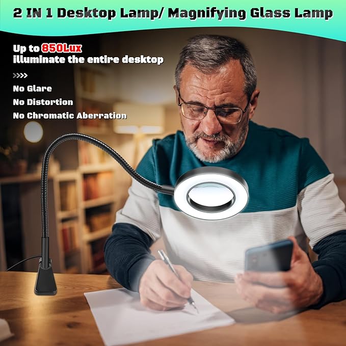 10X Magnifying Glass with Light, Clip on Mganifier with Light, 48 LED Desk Magnifying Glass wtih Clamp,3 Modes Dimmable Magnifying Lamps for Bed Work Crafts DIY Repair Jewellery