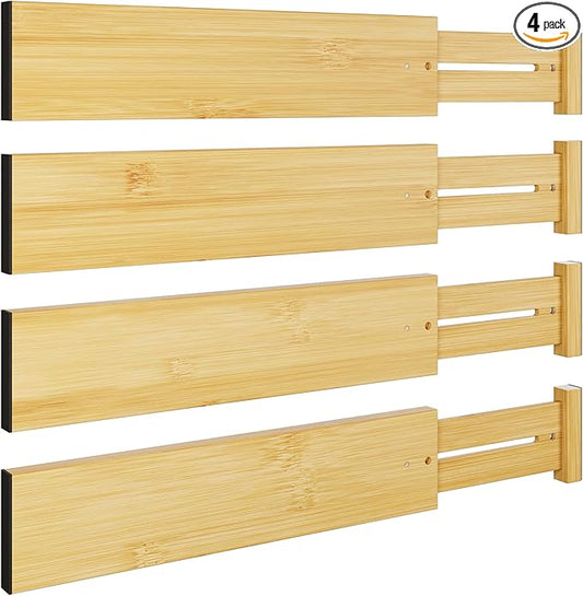 BAMEOS 4 pcs 3" High Bamboo Drawer Dividers Adjustable Drawer Organizer Expandable Drawer Organization Utensil Organizers for Kitchen Dresser Bathroom Bedroom and Office-DeskLoop Office