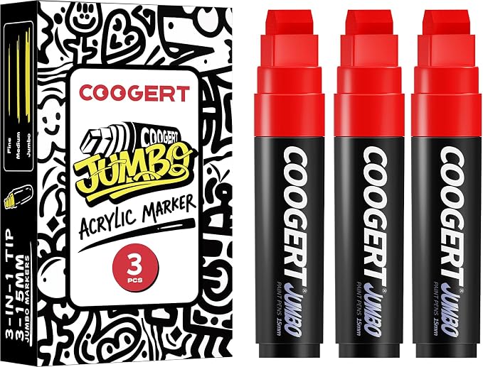 Coogert 3Pcs Red Jumbo Poster Markers, 15MM Thick Permanent Acrylic Graffiti by CoogertPaintPens