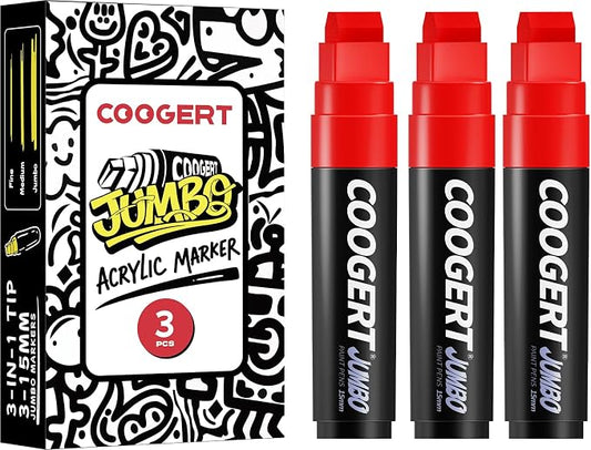 Coogert 3Pcs Red Jumbo Poster Markers, 15MM Thick Permanent Acrylic Graffiti by CoogertPaintPens