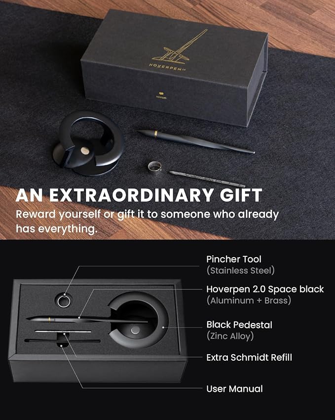 novium Hoverpen Interstellar - Space Black, Ballpoint Pen, 18K Gold-plated Pen Ring, 23.5 Degree Angle, Schmidt Ballpoint Refill, No Spills, No Spotting, No Explosions-DeskLoop Office
