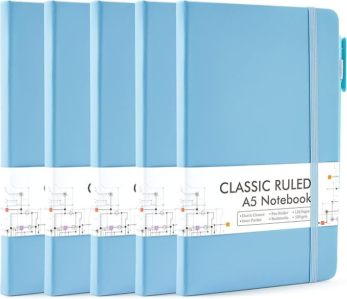 feela 5 Pack Notebooks Journals Bulk, Hardcover Classic Ruled Lined Journals with Pen Holder for Women Girls School Business Supplies, with 5 Black Pens, 120 GSM, 5.1”x8.3”, A5, Blue-DeskLoop Office