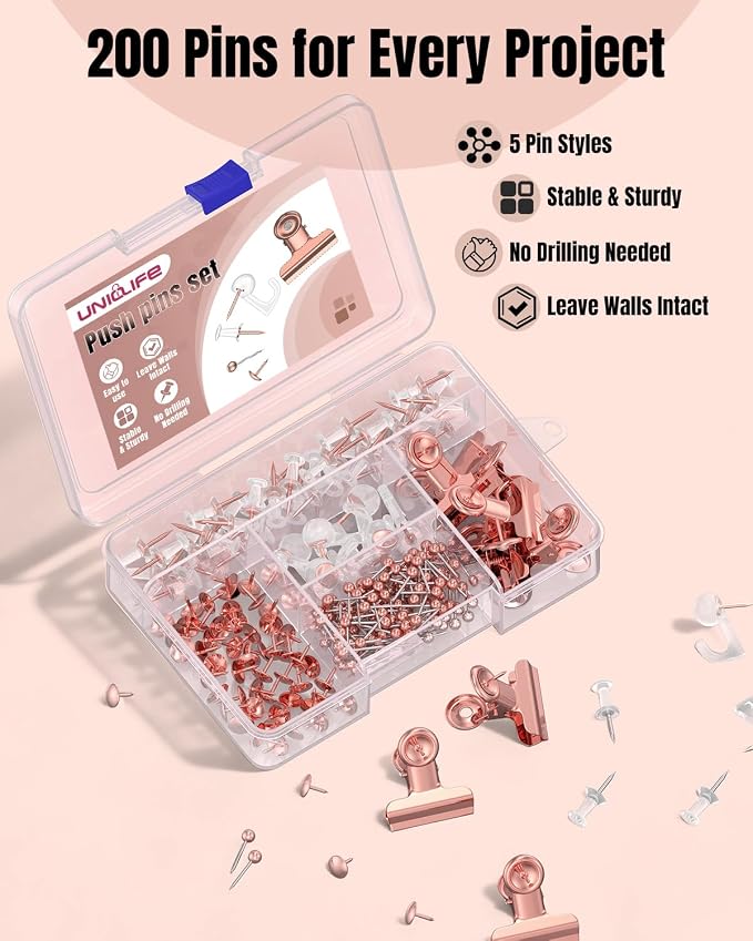 Uniclife 200 Pcs Rose Gold Push Pins, Rose Gold Thumb Tacks - Image 6