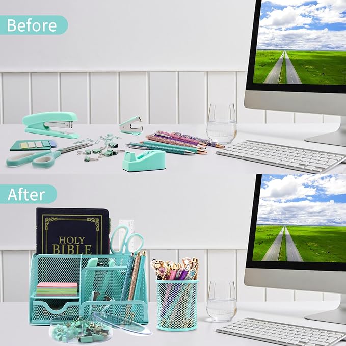 12 in 1 Green Desk Organizers & Accessories Set, Office Supplies Include Stapler - Image 2