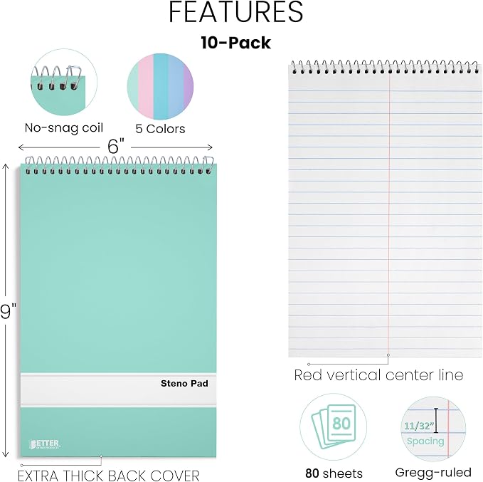 Better Office Products Steno Pads Spiral 6x9, 10 Pack, Gregg Ruled, 80 Sheets - Image 2