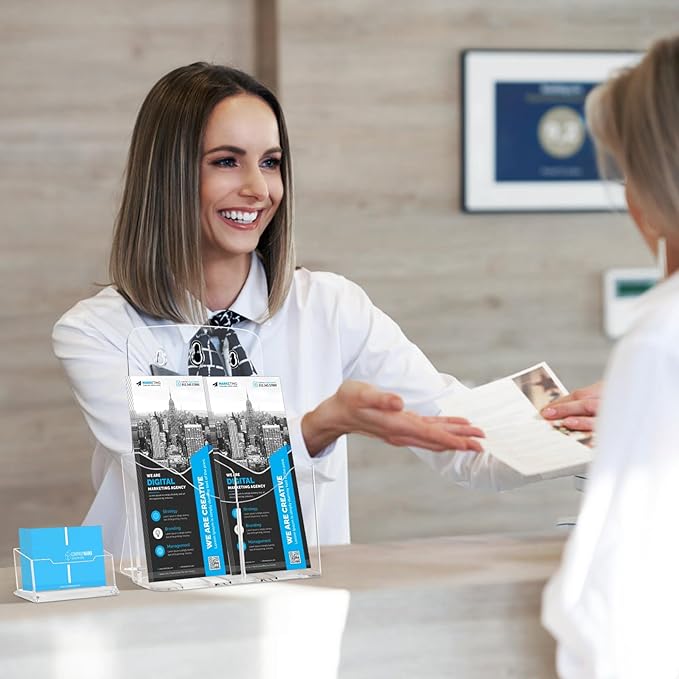 2 Pack Acrylic Brochure Holder 8.5 x 11 in with Business Card Holder, 1-Tier Brochure Display Stand with Removable Divider for 4 x 9 Inches Trifold Pamphlets, Clear Flyer Holde-DeskLoop Office