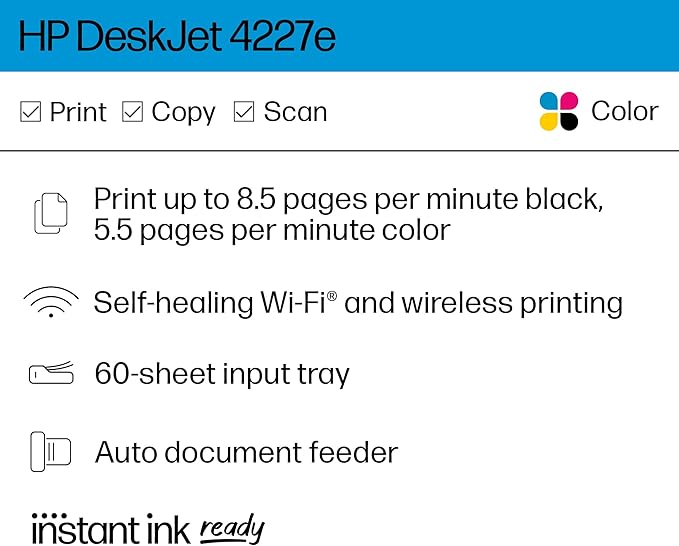 HP DeskJet 4227e Wireless All-in-One Color Inkjet Printer, Scanner, Copier, Best-for-Home, 3 Months of Instant Ink Trial Included (6W7F0A)-DeskLoop Office