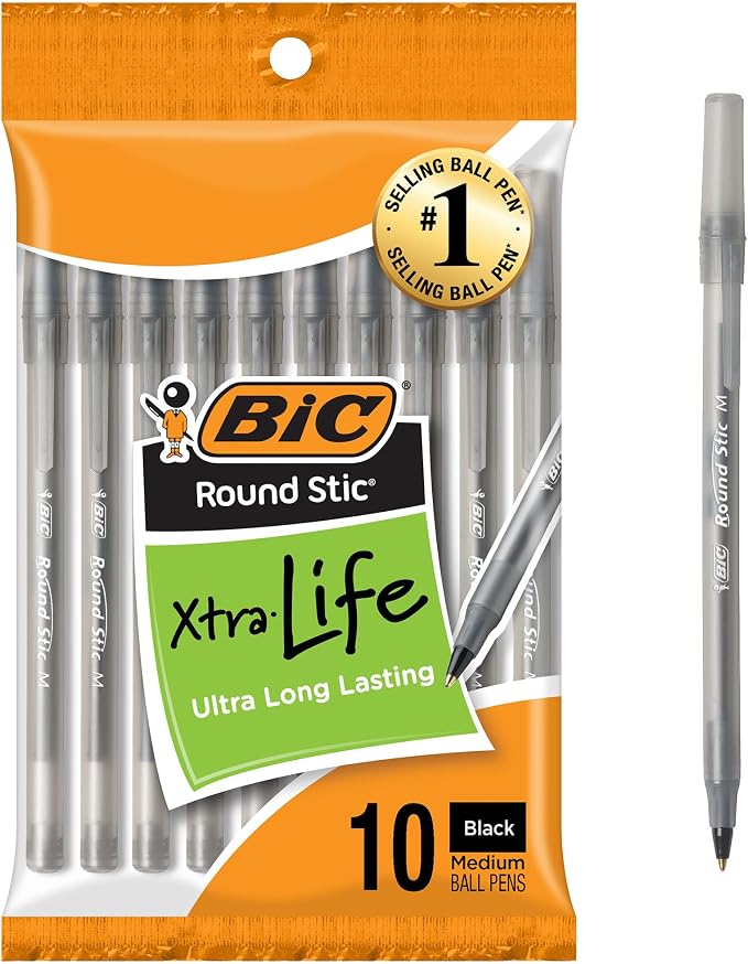 BIC Round Stic Xtra Life Black Ballpoint Pens, Medium Point, 10-Count Pack of by BIC