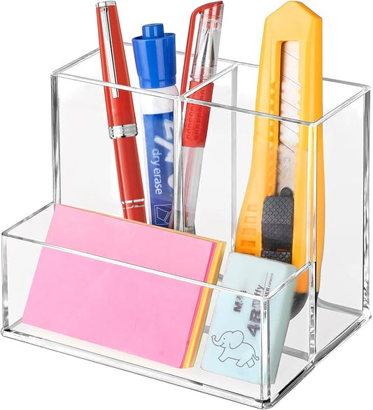 Pen Holder for Desk, Clear Acrylic Pencil Holder for Desk, Marker Holder with 3 Compartments, Pencil Organizer for Home, Office, Classroom, Bathroom-DeskLoop Office