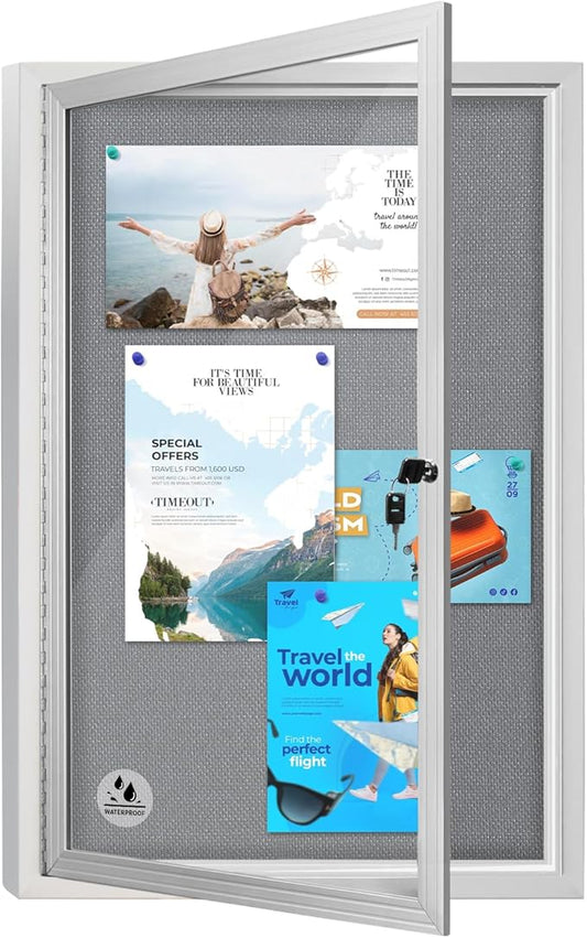 Outdoor Weatherproof Enclosed Fabric Bulletin Board,Noticeboard Case with Lockable Glass Door,Silver Aluminum Frame, 36x24 Inch (5xA4)-DeskLoop Office