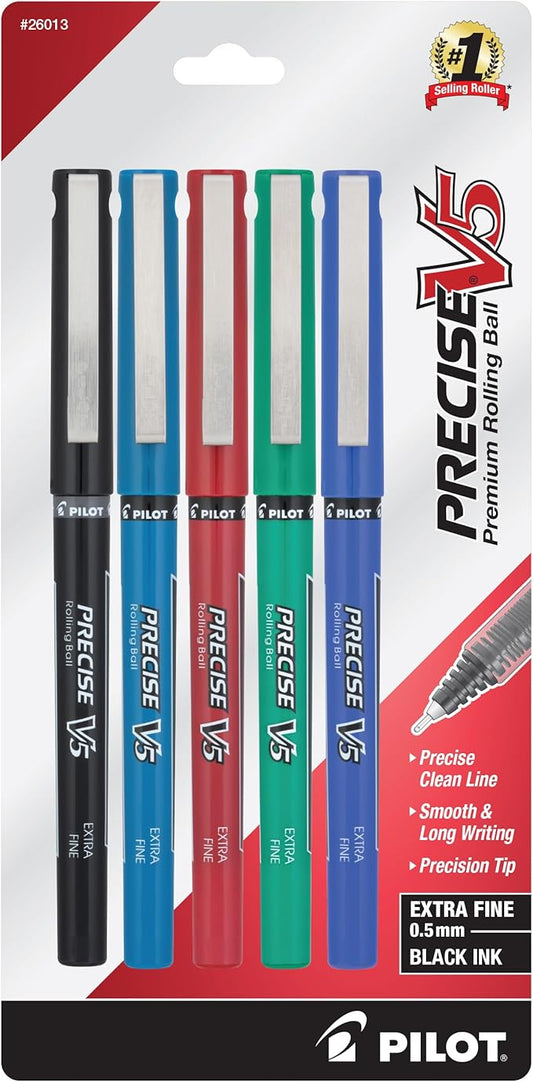 Pilot, Precise V5, Capped Liquid Ink Rolling Ball Pens, Extra Fine Point 0.5 mm, Assorted Colors, Pack of 5