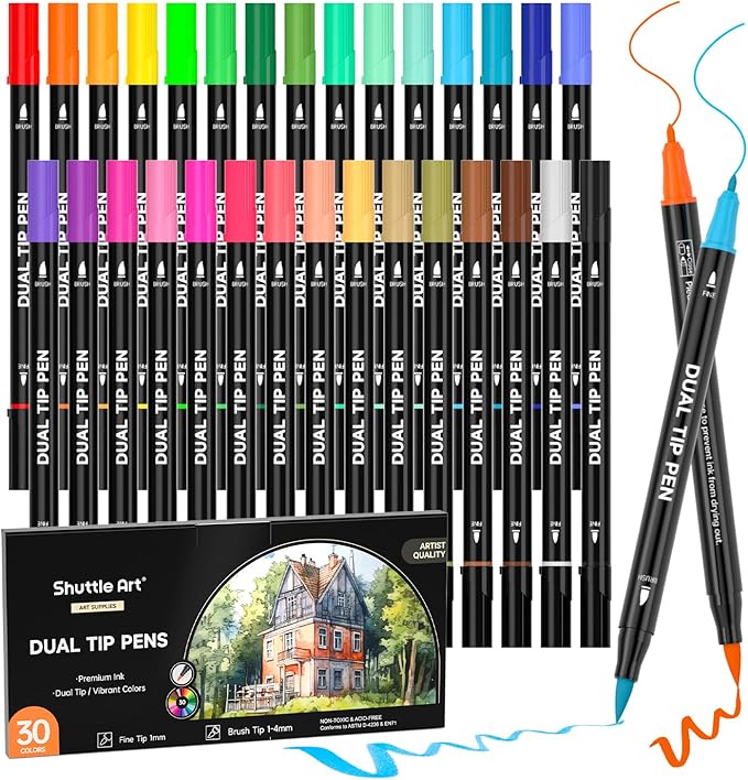 Shuttle Art Dual Tip Brush Marker Pens, 30 Colors Dual Tip Calligraphy Pens Fine and Brush Tip Markers Set, Water-based Ink Perfect for Kids Adult Artist Calligraphy Journal Doodling Writing-DeskLoop Office