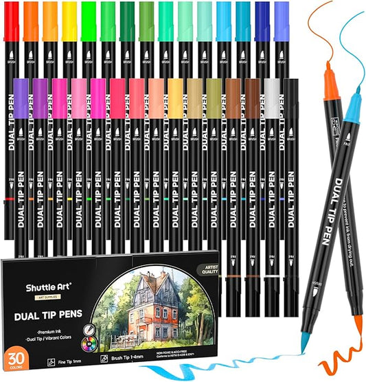 Shuttle Art Dual Tip Brush Marker Pens, 30 Colors Dual Tip Calligraphy Pens Fine and Brush Tip Markers Set, Water-based Ink Perfect for Kids Adult Artist Calligraphy Journal Doodling Writing-DeskLoop Office