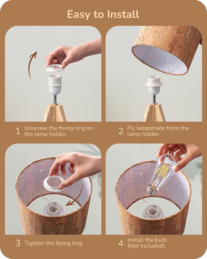 EDISHINE Small Table Lamp, Wooden Tripod Nightstand Lamp - Image 4