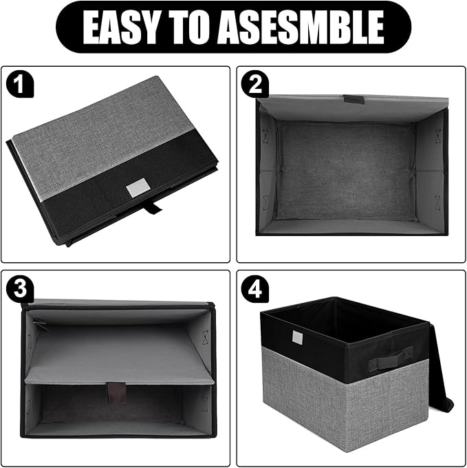 Large 22 Quart Linen Fabric Foldable Storage Bin Cube Organizer Basket with Flip-Top Lid & Handles, Clothes Blanket Box for Home, Office, Closet, Black & Gray, 4 Pack 14.6 x 9.5 x 9.5-DeskLoop Office