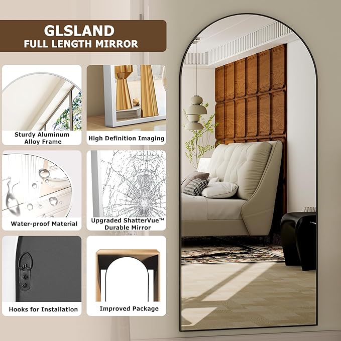 GLSLAND - 20x57 inch Arched Full Length Mirror - Floor Mirrors Aluminum Alloy Frame Full Body Dressing Mirror for Bedroom, Living Room,Gold-DeskLoop Office