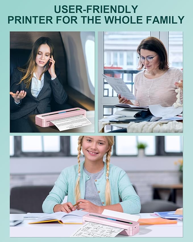 COLORWING Portable Printers Wireless for Travel, 300DPI Mini Compact Inkless Printer, Thermal Bluetooth Printer Compatible with Android and iOS Smartphone & Tablet & Laptop - Pink-DeskLoop Office