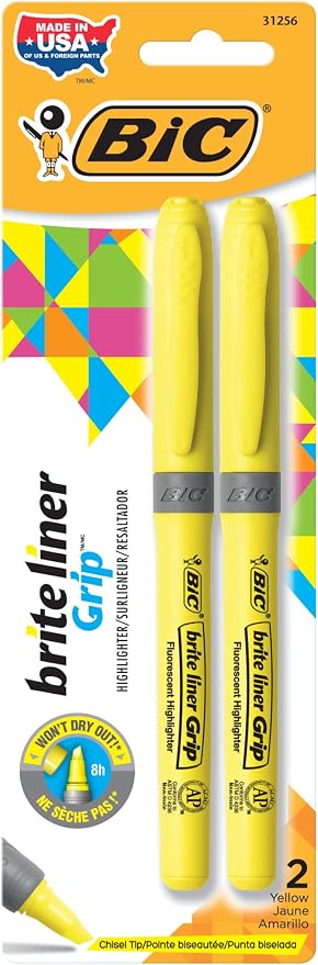 BIC Brite Liner Grip Highlighters, Chisel Tip, Classic Yellow, 2-Count Pack by BIC
