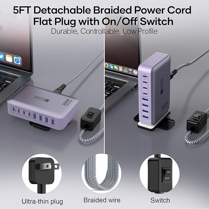 8-Port Type C Fast Charger Block 200W with Flat Plug, Braided Power Cord, and On/Off Switch- USB Charging Hub for iPhone, iPad, MacBook and More- 65W C Port Power Adapter for Laptops-DeskLoop Office