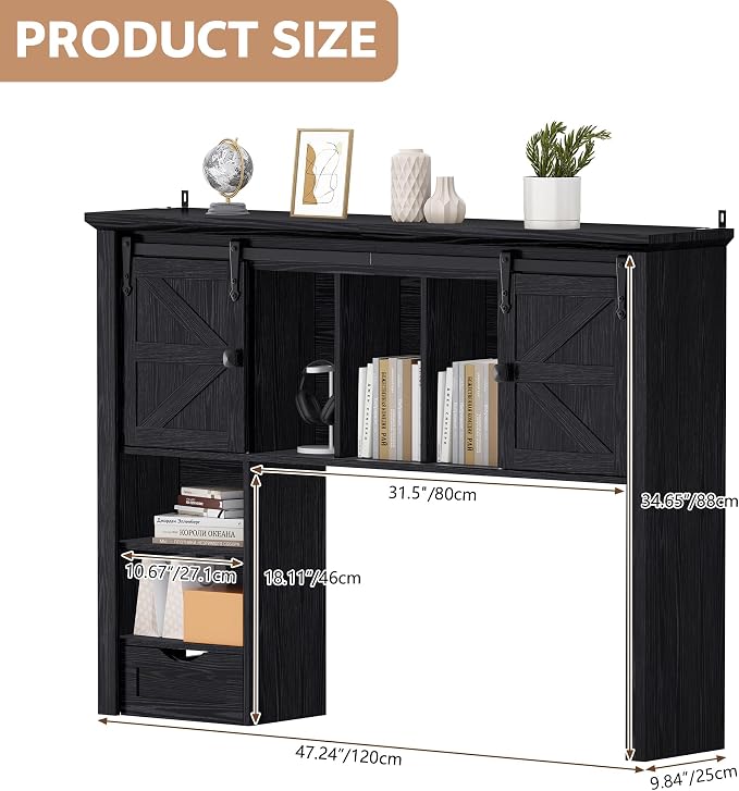 Large Desktop Bookshelf with Sliding Barn Door, 47.2''W Desk Shelf Display Rack - Image 2