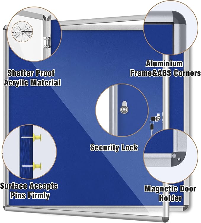 38"x38" Enclosed Bulletin Board, Lockable Weather-Resistant Aluminum Cork Noticeboard for School & Office, Silver Frame w/Blue Flet-DeskLoop Office