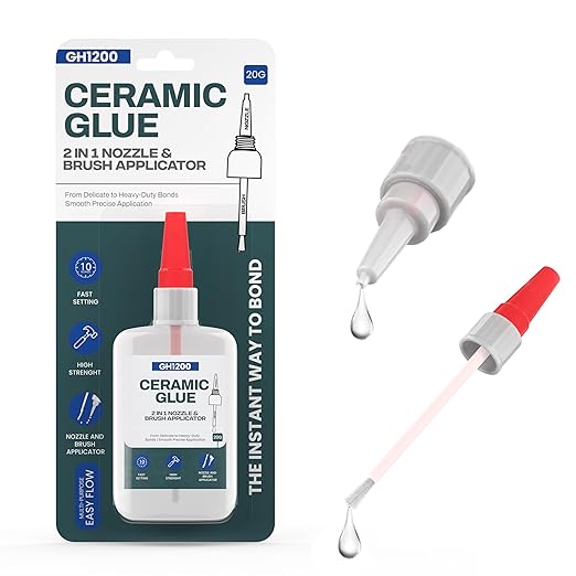 GH1200 Ceramic Glue Repair with Brush Applicator & Nozzle (20 g), Waterproof, Clear, Smooth. Fast Drying, Ceramic Glue for Pottery, Dishes, Mugs & More-DeskLoop Office