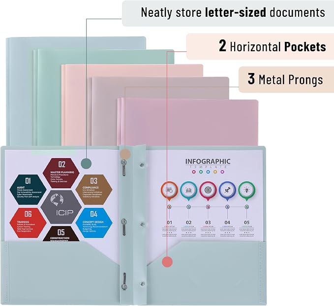 Mr. Pen- Plastic Folders with Pockets and Prongs, 15 Pack, Letter Size | Pastel - Image 3