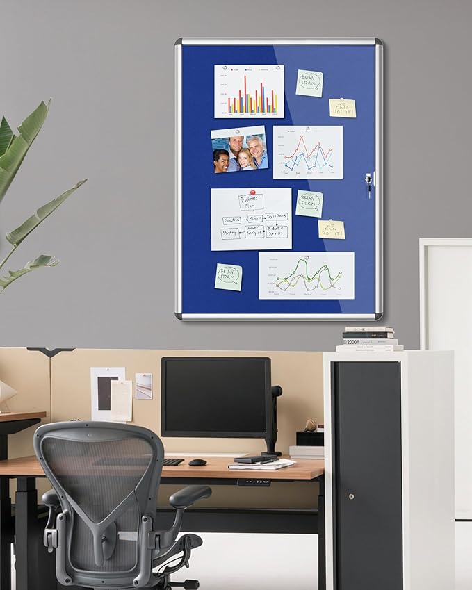 38"x28" Enclosed Bulletin Board, Lockable Weather-Resistant Aluminum Cork Noticeboard for School & Office, Silver Frame w/Blue Flet-DeskLoop Office