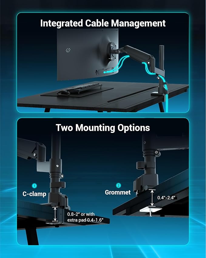 Heavy Duty Monitor Arm for 13-49 Inch Ultrawide Screens, Holds Up to 44lbs, Fully Adjustable Single Monitor Mount, with Clamp & Grommet Base, 75/100mm VESA Desk Mount, Black-DeskLoop Office
