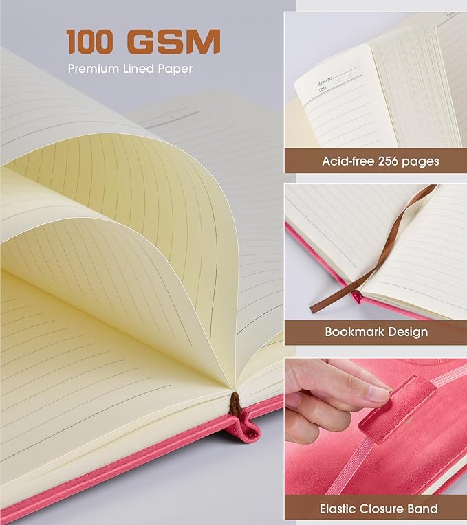 Lined Journal Notebook for Women Men,256 Pages A4 Large Hardcover Leather Journals for Writing,Travel,Business,Work,School,College Ruled Notebooks for Note Taking,Diary Notepad 8.6"×11" (pink)-DeskLoop Office