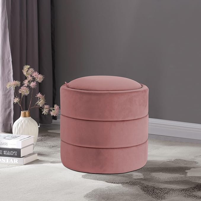 HomePop Storage Round Ottomanwith Removable Lid Home Décor|Upholstered Round Velvet Foot Rest Ottoman - Blush Pink Velvet-DeskLoop Office