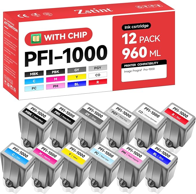 PFI-1000 Ink Tank set 12-Pack 80ml High Capacity with Chip Replacement for Canon PFI-1000 PFI1000 Ink Cartridges Compatible for Canon ImagePROGRAF PRO-1000 Printer Photographic Inkjet Color Twelve Ink-DeskLoop Office
