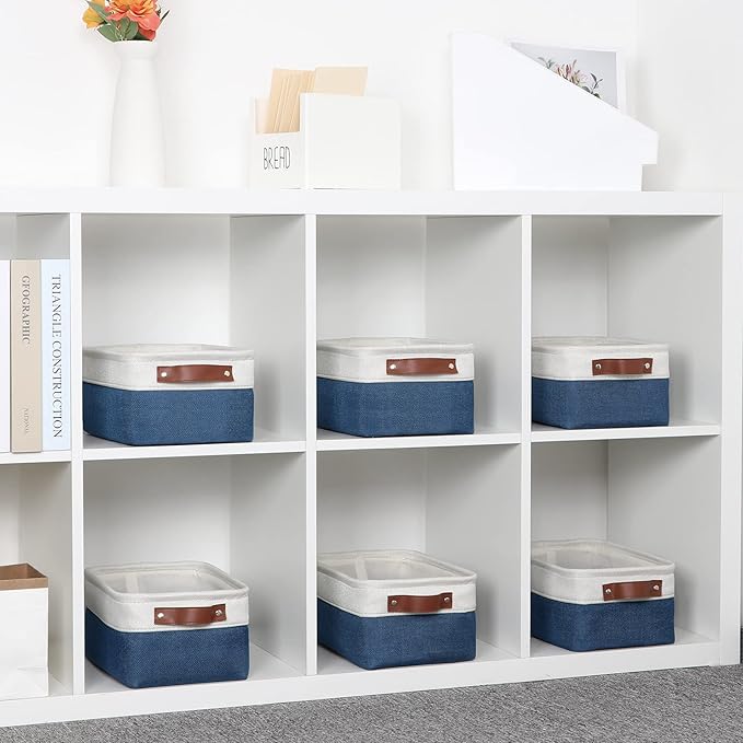 DULLEMELO Set of 6 Small Baskets for Organizing, Small Fabric Storage Bins for Toys Storage, Collapsible Storage Bins with Leather Handles for Shelves, Closets, Laundry, Nursery(White&Blue)-DeskLoop Office