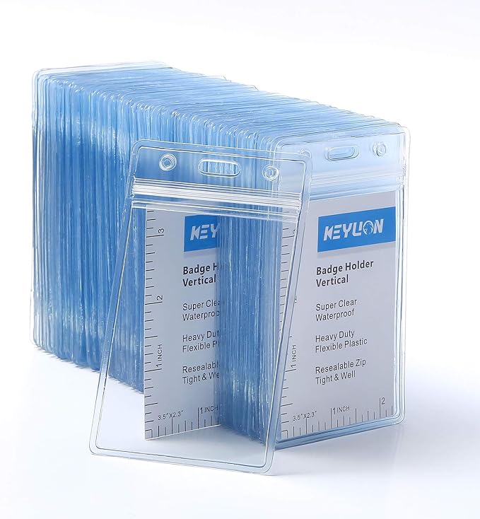 100 Pack ID Card Name Badge Holder, Heavy Duty Clear Transparent Plastic PVC by KEYLION