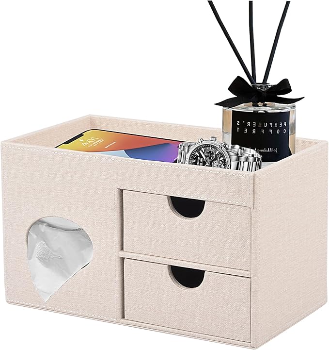 Square Tissue Box Cover with Drawers, Tissue Box Holder with Storage Tray by RHCSZ