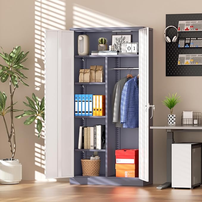 Greenvelly Metal Storage Wardrobe Cabinet with Lock, 72" White Grey Metal Wardrobe Closet for Hanging Clothes with Doors and Shelves, Modern Clothes Closet for Home, Office and Bedroom, School,Gym-DeskLoop Office