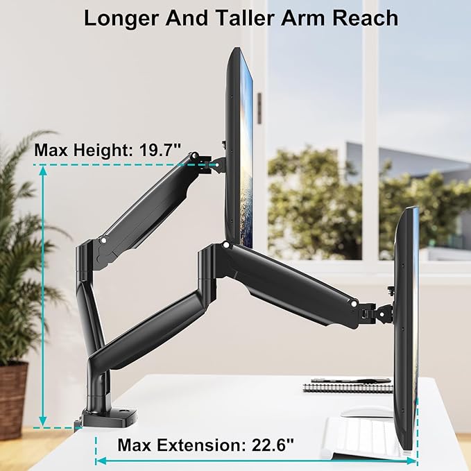 MOUNT PRO Dual Monitor Desk Mount fits 22” to 35” Ultrawide Computer Screen, Holds up to 26.4lbs Each, Fully Adjustable Long Monitor Arm for Two Monitors, Gas Spring Monitor Stand, 100x100 VESA Mount-DeskLoop Office
