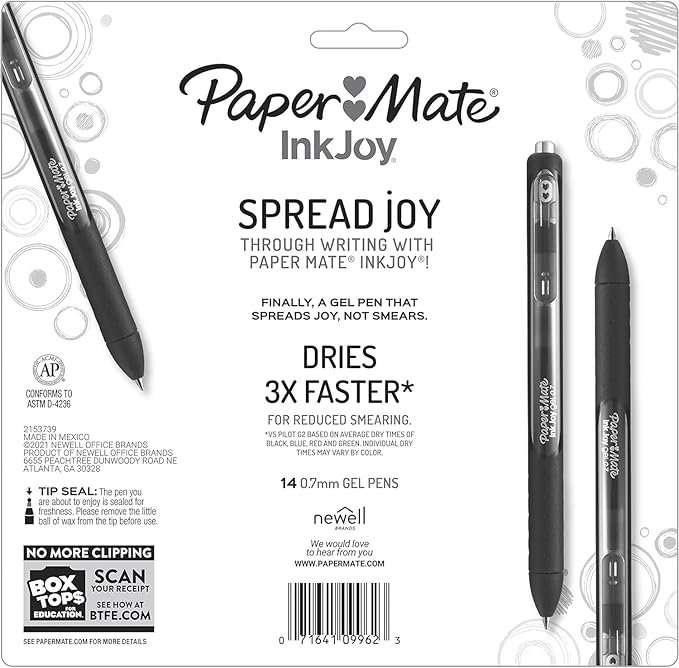 Paper Mate InkJoy Gel Pens, Black Ink, Medium Point (0.7mm), 6 Count, Bundle with Plastic Reusable Pouch