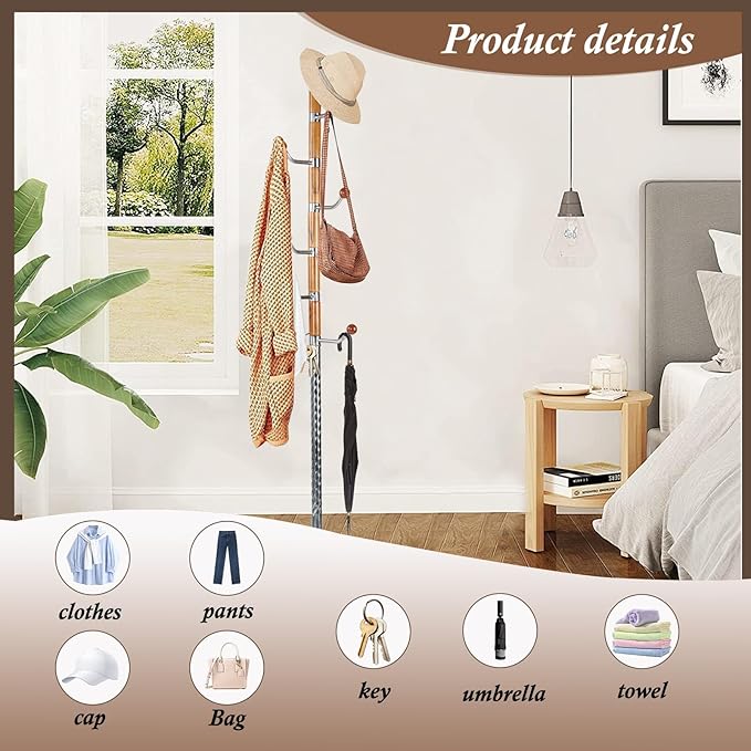 Wooden Coat Rack Freestanding, Vintage Coat Racks with Sturdy Round Base, Adjustable Height 37.40"-72.83" Entrance Coat Rack for Bedroom Living Room Entryway (Solid Wood Metal Hook)-DeskLoop Office