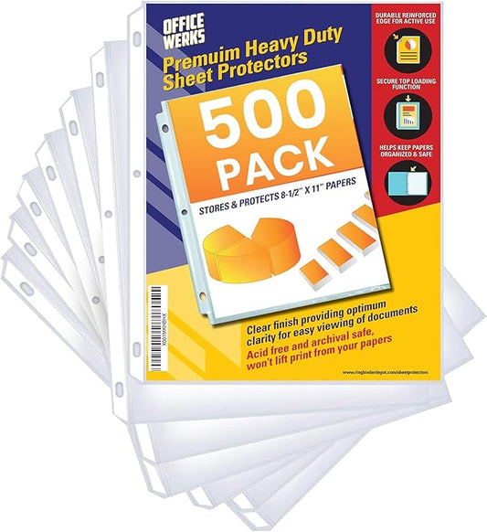 Office Werks 500 Pack of Heavyweight Sheet Protectors, 8.5" X 11" Heavy Duty Clear, Plastic Sheet Sleeves for 3 Ring Binder, Durable Top Loading Paper Protector with Reinforced Holes, Archival Safe