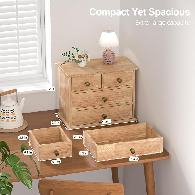 Oak Desk Organizer with Drawers, Wooden Desktop Storage Box with Metal Handles - Image 2