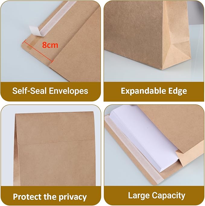 25 Pack 9.4" x 13.2" Large Kraft Expandable Catalog Envelopes, Self Seal Manilla Envelopes Mailing for Documents, Magazines, Photos (Extra labels for Use)