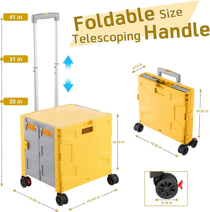 FELICON Folding Utility Cart Rolling Crate Handcart Basket Tote-Yellow+Gray | - Image 3