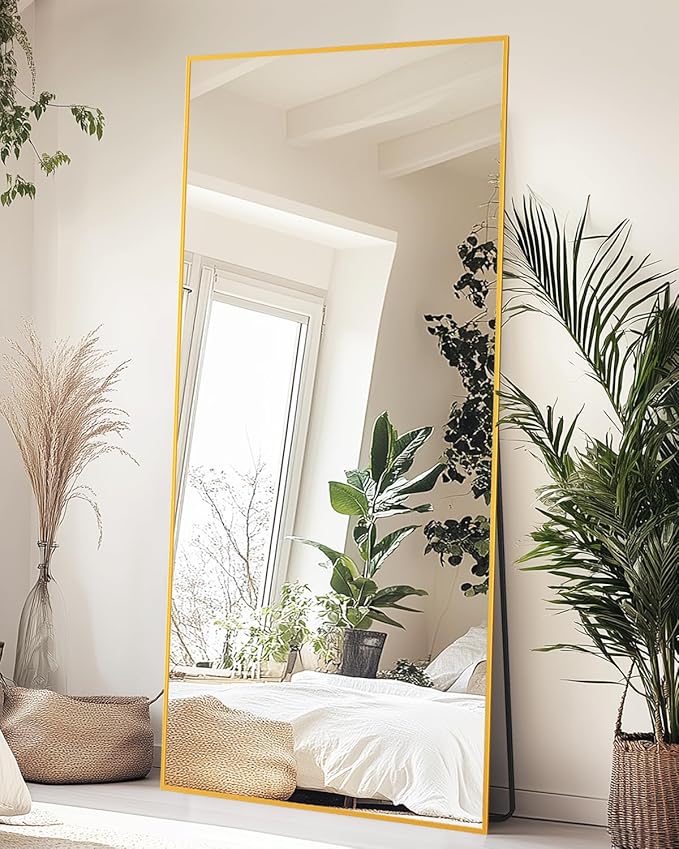 Full-Length Floor Mirror with Stand, 58"x18" Rectangle Style Full Body Standing Mirror for Bedroom, Living Room, Gym, Dorm - Shatter-Resistant & Easy Assembly, Gold-DeskLoop Office