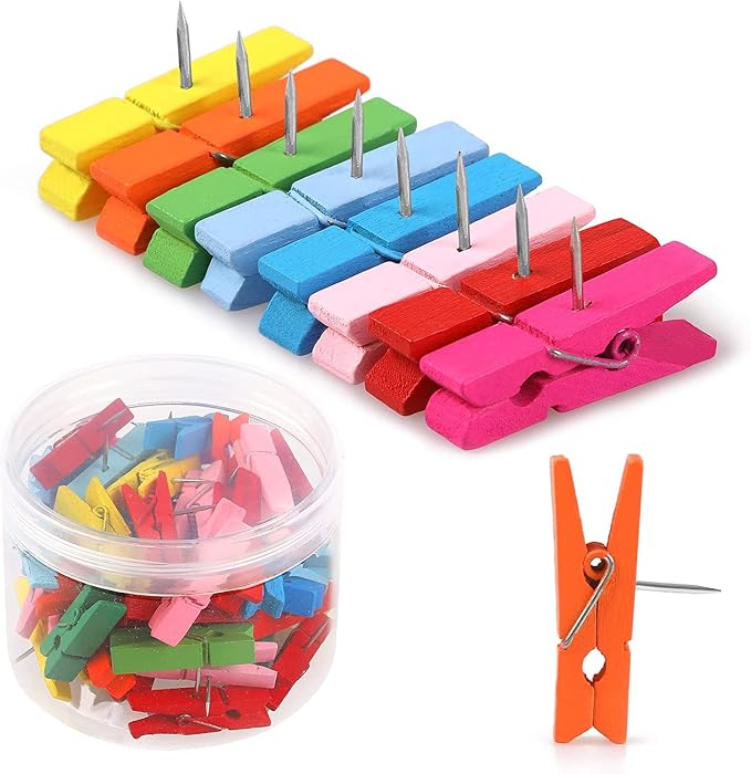 50 PCS Colorful Push Pin with Wooden Clips, Decorative Pushpins Tacks Thumbtacks by Joyberg