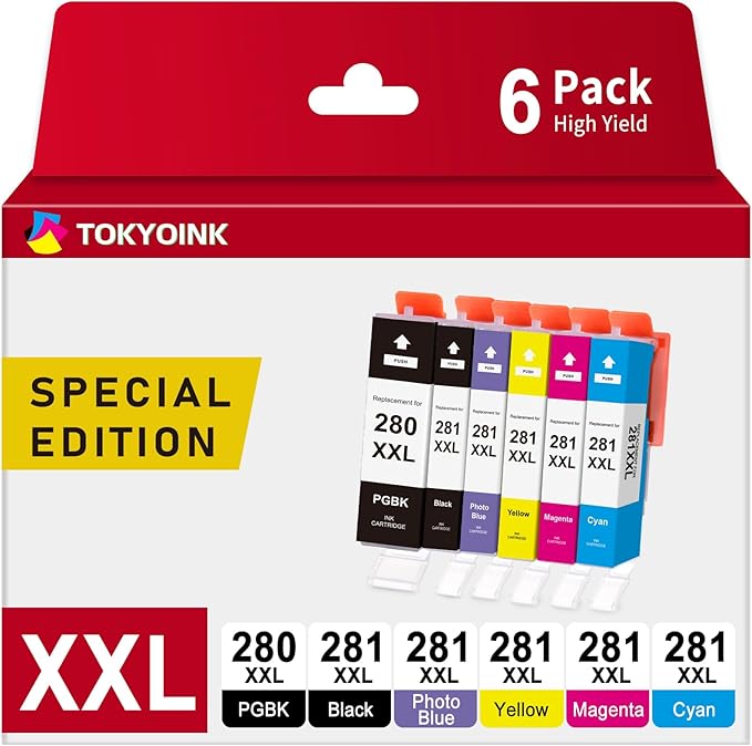 TOKYOINK Compatible Ink Cartridge Replacement for Canon PGI-280XXL CLI-281XXL PGI 280 XXL CLI 281 XXL to use with PIXMA TS8320 TS8220 TS8120 (PGBK, Black, Photo Blue, Cyan, Magenta, Yellow) 6 Pack-DeskLoop Office