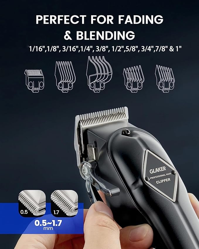 GLAKER Hair Clippers for Men Professional - Cordless Clippers and Trimmers Set, Complete Barber Kit for Hair Trimming & Beard Grooming, Mens Haircutting Kits for Blending & Fade Cuts (Black)-DeskLoop Office