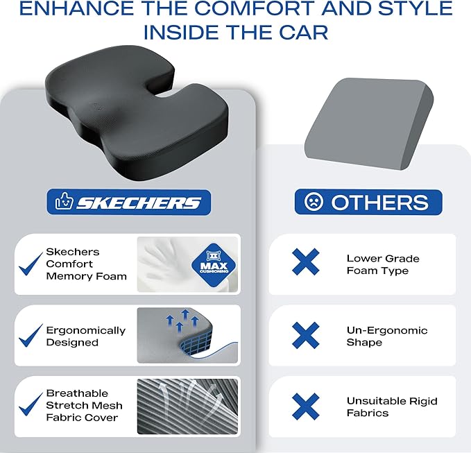 Skechers Memory Foam Seat Cushion,Office Chair Cushion for Tailbone Pain Relief,Butt Pillow for Office Chair,Car seat Cushion,Computer Desk,Long Sitting Office Workers,and Car Drivers,Black-DeskLoop Office