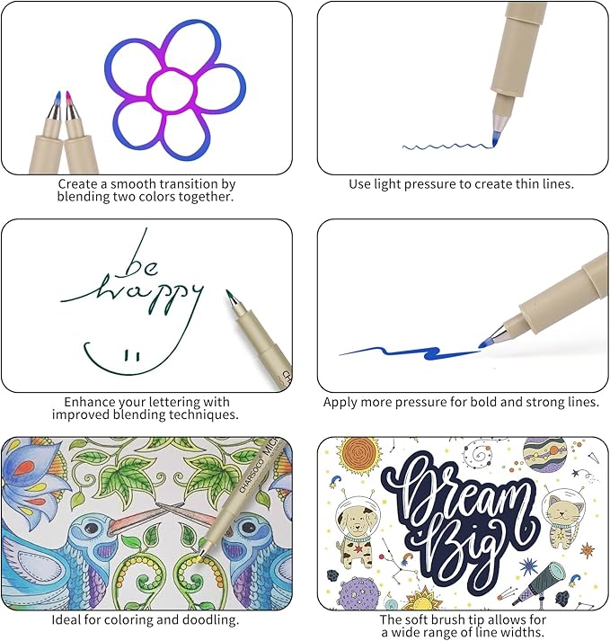 Arts Sign Brush Pen, Felt Tip Water Based Ink with 12 Colors, for Journaling, Lettering, Calligraphy, Technical Drawing and Scrapbooking-DeskLoop Office